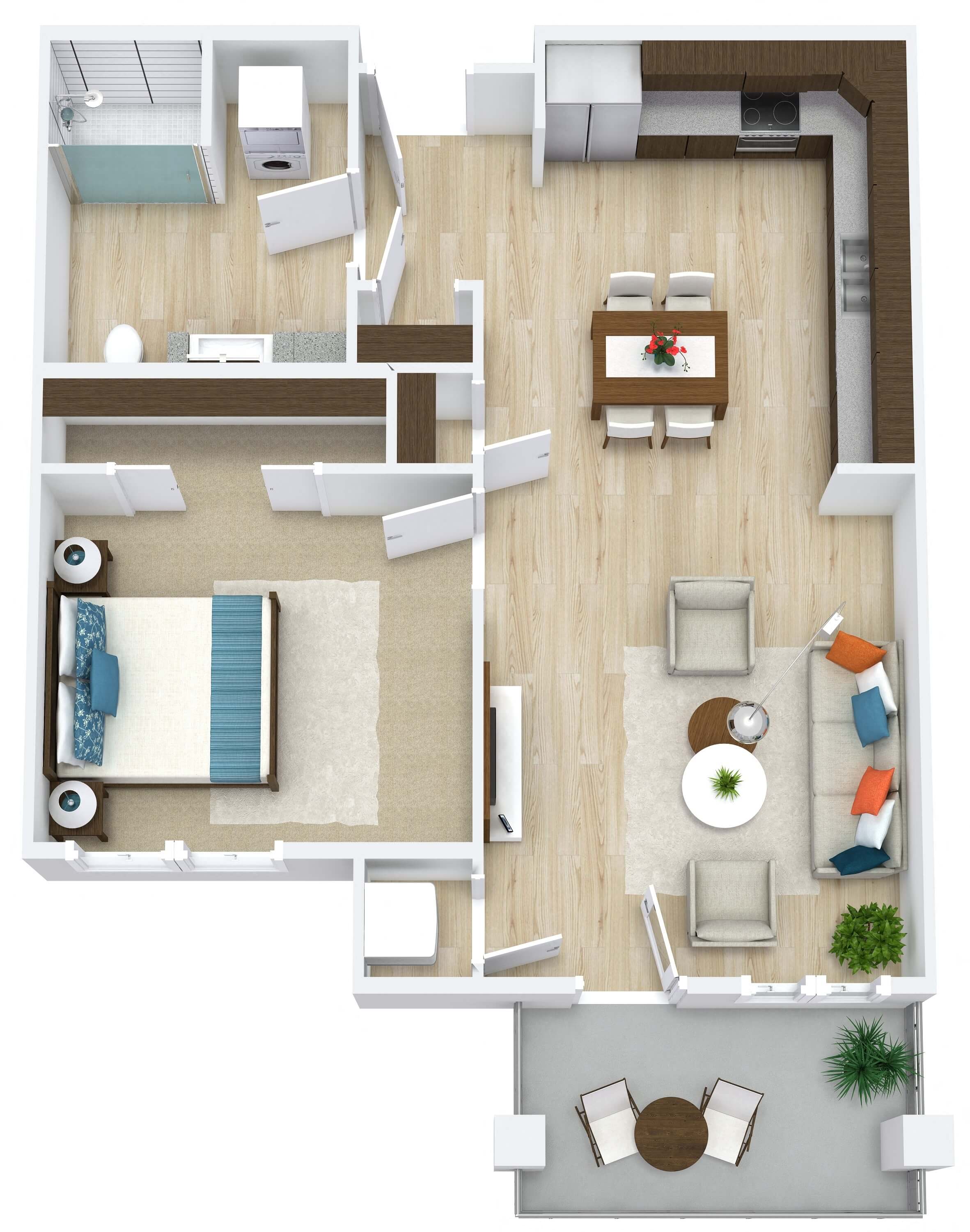 Floor plan for 1 bed, 1 bath, 724 sqft